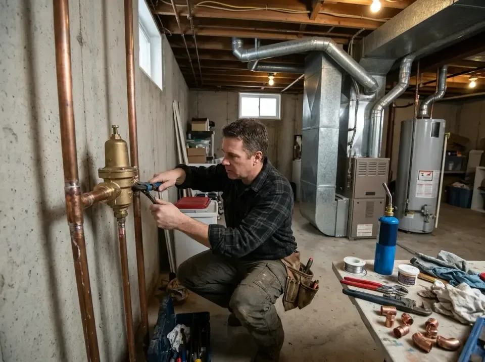 Plumber — Residential Basement Plumber — Residential Basement — Plumber, Copper Pipe, Water Pressure Regulator, Residential Basement, Plumbing
