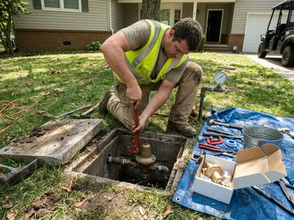 Plumber — Residential Plumber — Residential — Plumber, Safety Vest, Pipe Wrench, Residential, Plumbing